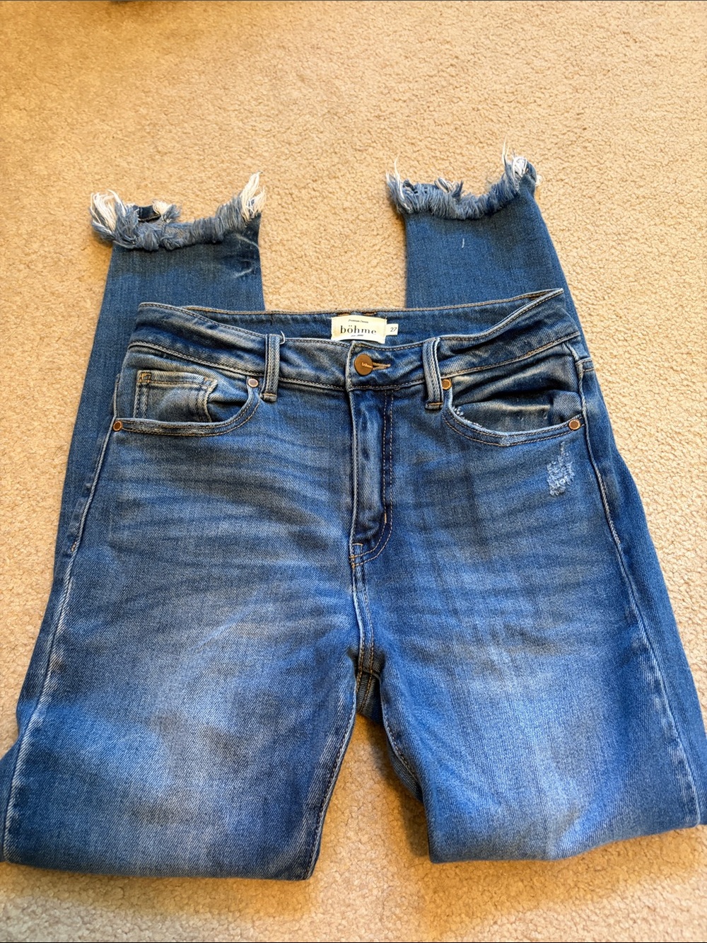 bohme Distressed High-Rise Cropped Jeans in Medium Blue with Frayed Ankles